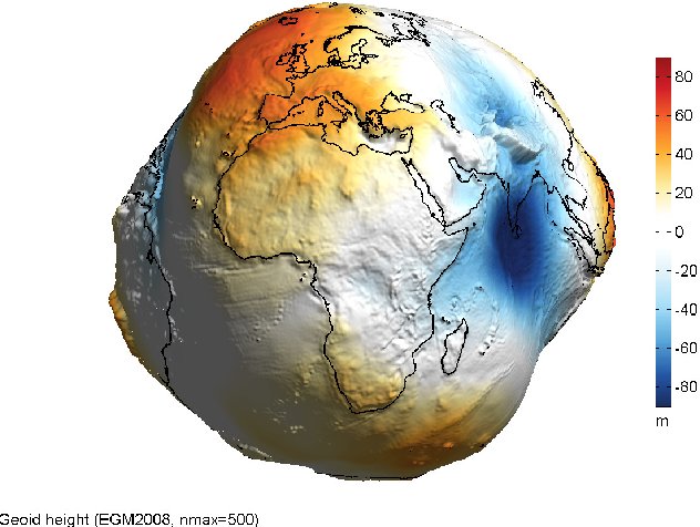 Exaggerated image of the Earth's geoid height, with legend