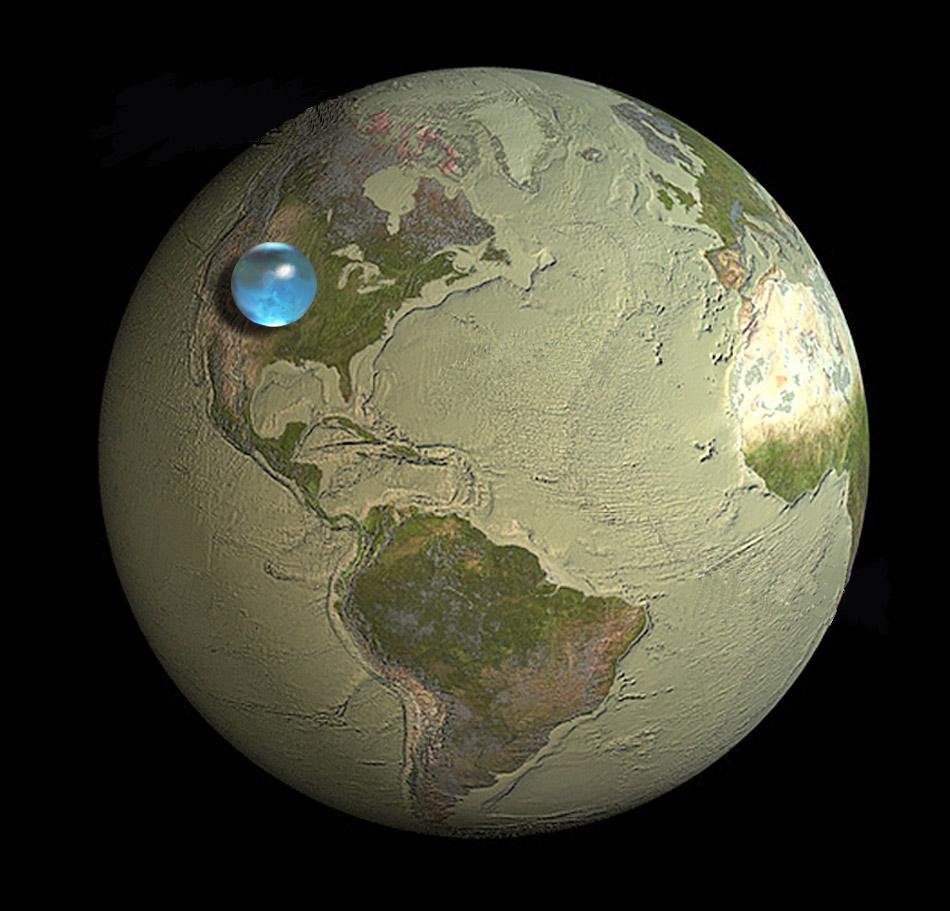 An image of the Earth with all of it waters gathered into a ball about 1365 km across hovering over the western US